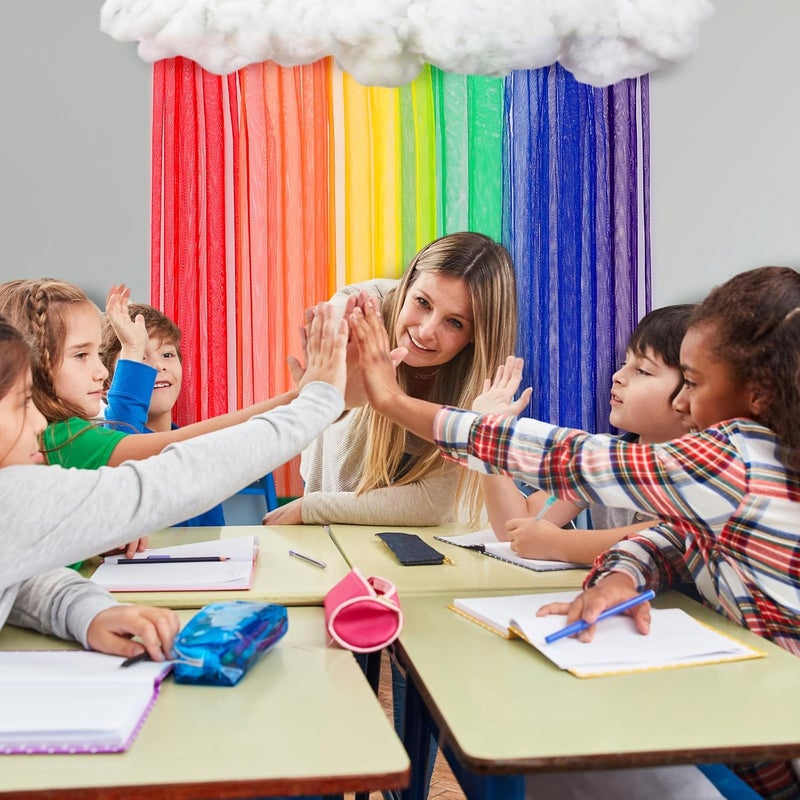 Threlaco 8 Pcs 20 x 91 Inch Rainbow Classroom Wall Decor Sheer Curtains with Clouds School Back to Classroom Preschool Decorations for First Day of School Wall Chalkboard Window Backdrop Props - Image 4